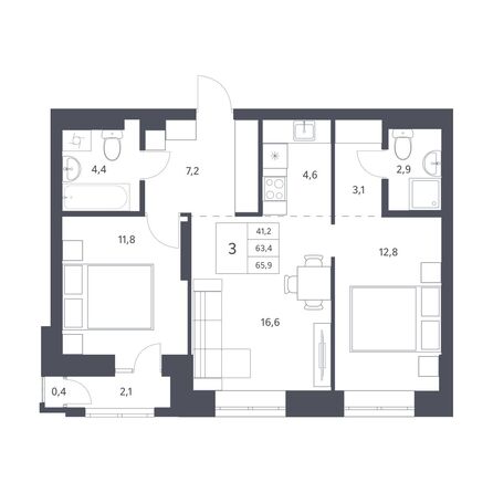 Планировка 3-комн 63,4, 63,7 м²