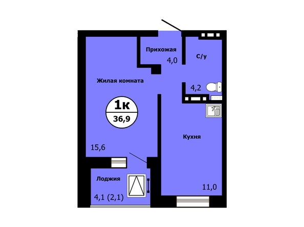 Планировка 1-комн 36,9 м²