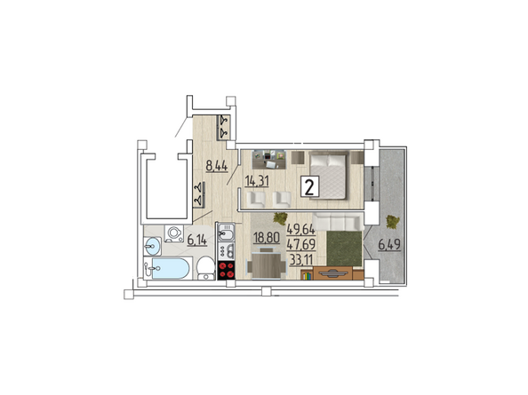 Планировка двухкомнатной квартиры 49,64 кв.м