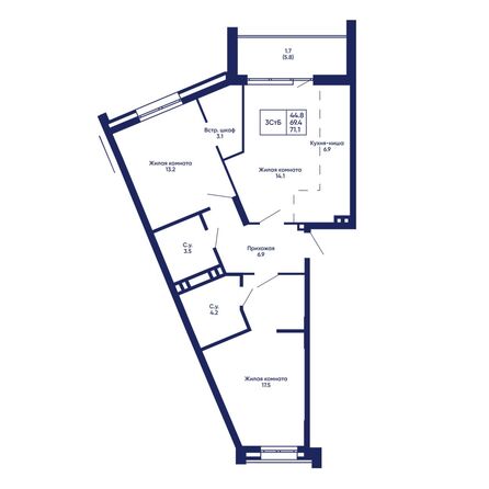 Планировка 3-комн 71,1 м²