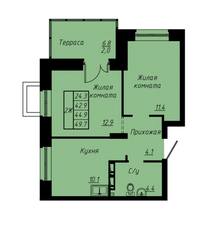 Планировка 2-комн 44,9 м²