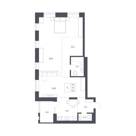 Планировка 1-комн 96,1, 97,3 м²