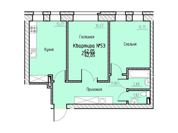 Планировка двухкомнатной квартиры 62,05 кв.м