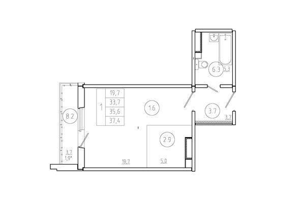 Планировка 1-комн 35,6 м²