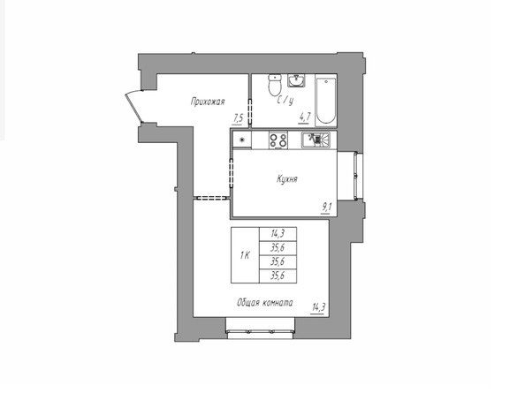 Планировка 1-комн 35,6 м²
