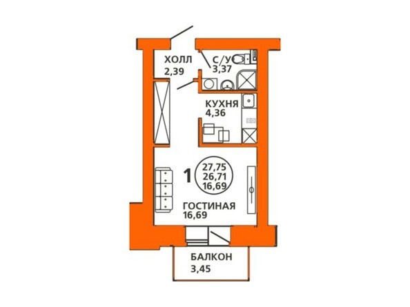 Планировка однокомнатной квартиры 27,75 кв.м