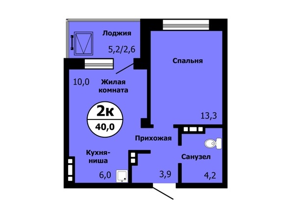 Планировка 2-комн 39,9 - 40,4 м²