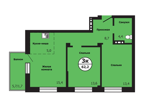 Планировка 3-комн 62,2, 62,4 м²