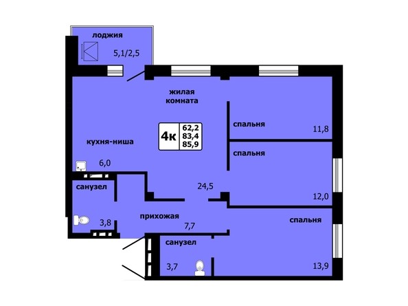 Планировка 4-комнатной квартиры 85,9 кв.м
