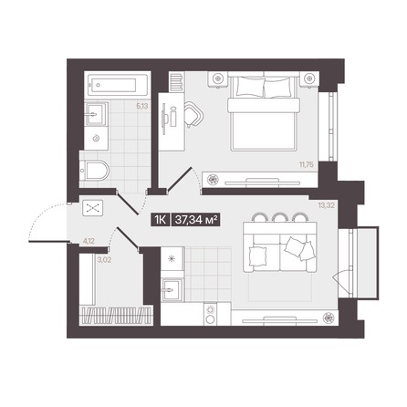 Планировка 1-комн 37,34 м²