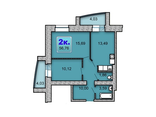 Планировка 2-комнатной квартиры 56,76 кв.м