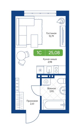 Планировка 1-комн 25,08 - 25,36 м²