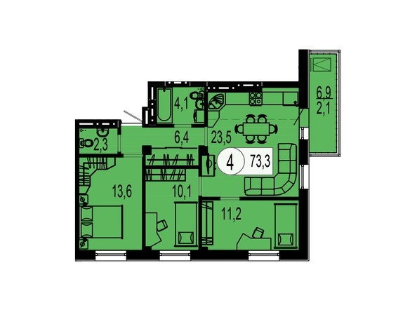 Планировка четырехкомнатной квартиры 73,3 кв.м