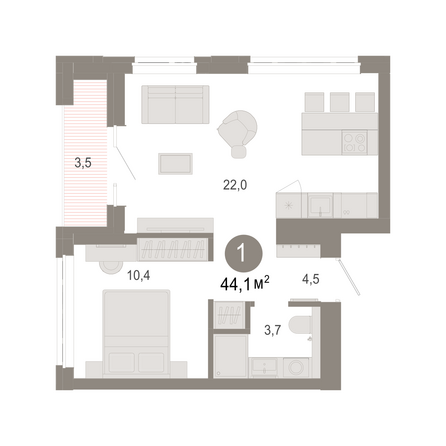 Планировка 1-комн 44,06, 44,14 м²