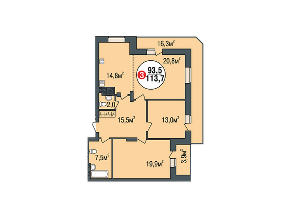 Планировка трехкомнатной квартиры 113,7 кв.м