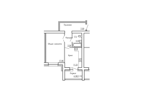 Планировка однокомнатной квартиры 43,84 кв.м