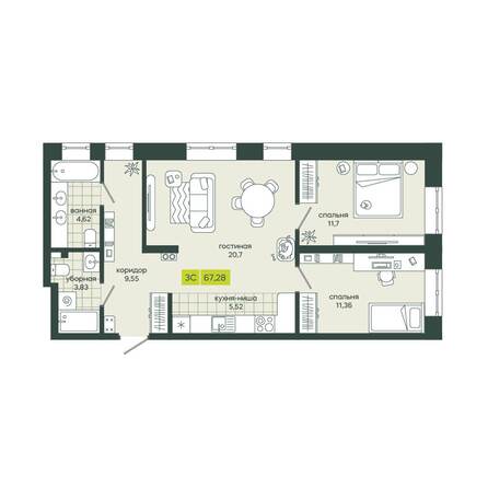 Планировка 3-комн 67,28 м²