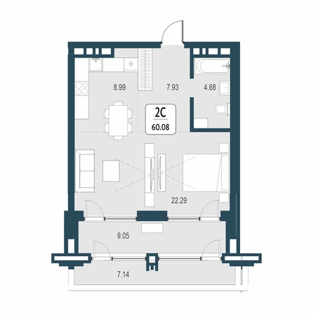 Планировка 2-комн 60,08 м²