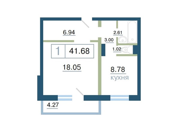 Планировка 1-комн 41,68 - 42 м²