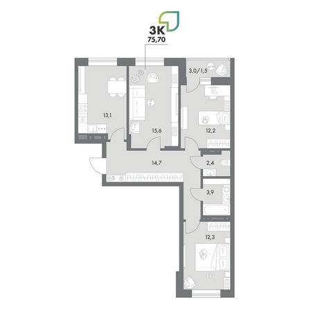 Планировка 3-комн 75,7 - 76,5 м²