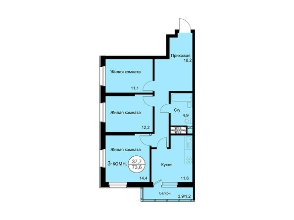 Планировка 3-комнатной квартиры 73,6 кв.м