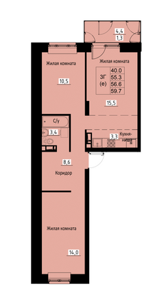 Планировка 3-комн 56,6 м²