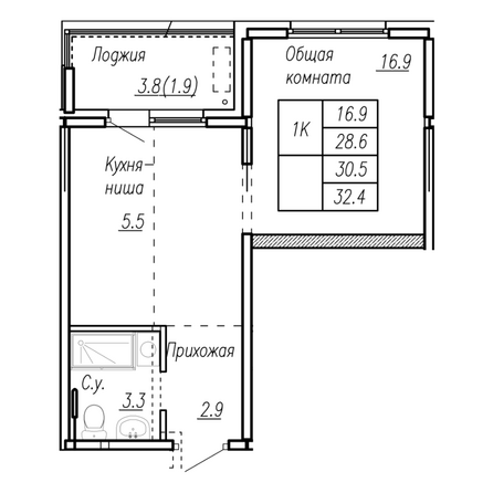 Планировка 1-комн 30,5 м²