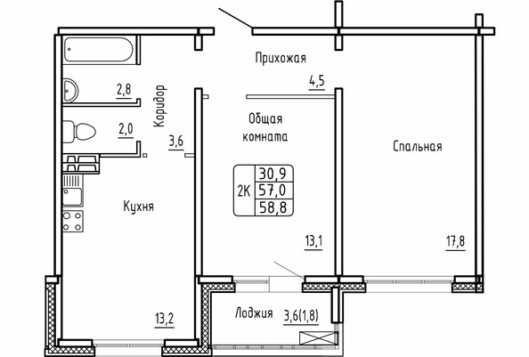 Планировка 2-комн 58,7 м²