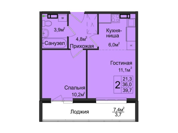 1-комнатная 39,7 кв.м