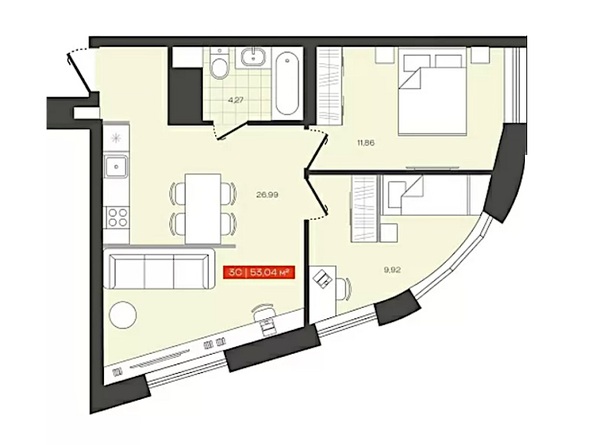 Планировка 2-комн 53,04 м²