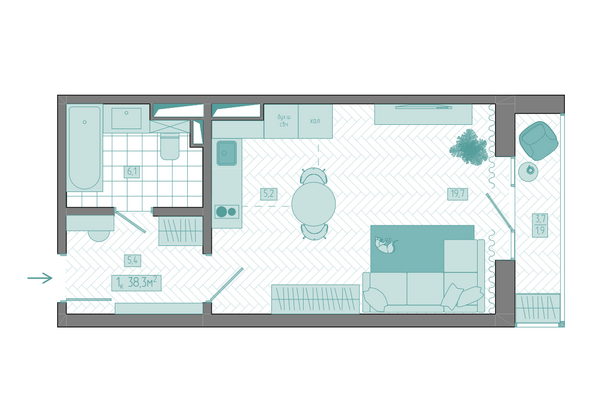 Планировка 1-комн 38,3 м²