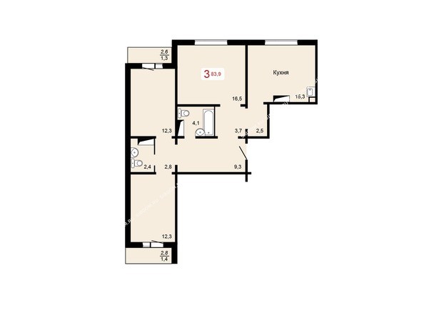 2 блок-секция. Планировка трехкомнатной квартиры 83,9 кв.м