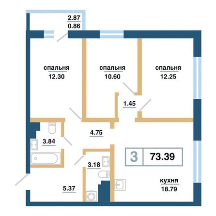 Планировка 3-комн 73,39 м²