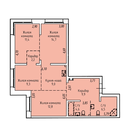 Планировка 4-комн 77,2 - 80,4 м²