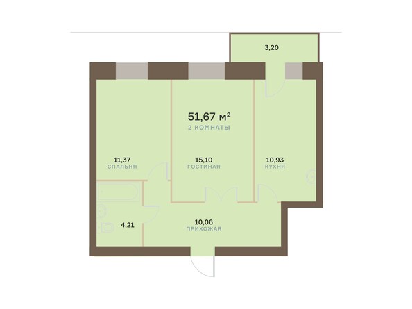 Планировка двухкомнатной квартиры 51,67 кв.м