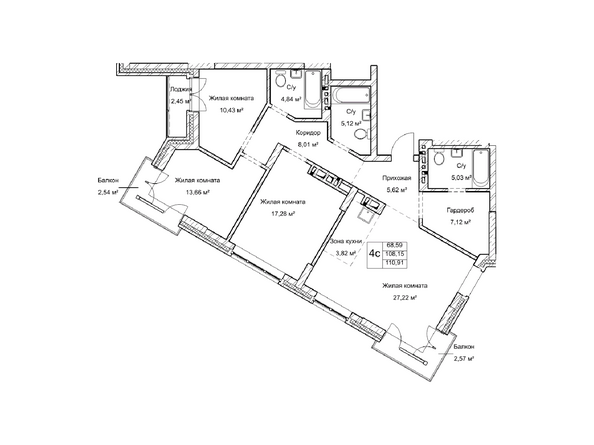 Планировка четырехкомнатной квартиры 108,1 кв.м