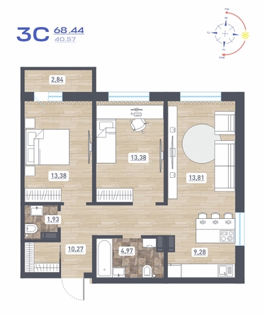 Планировка 3-комн 68,44 м²