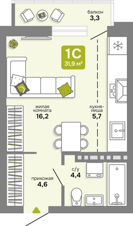 Планировка Студия 31,9, 32 м²