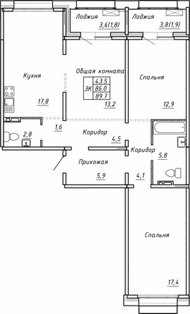 Планировка 3-комн 89,7 м²