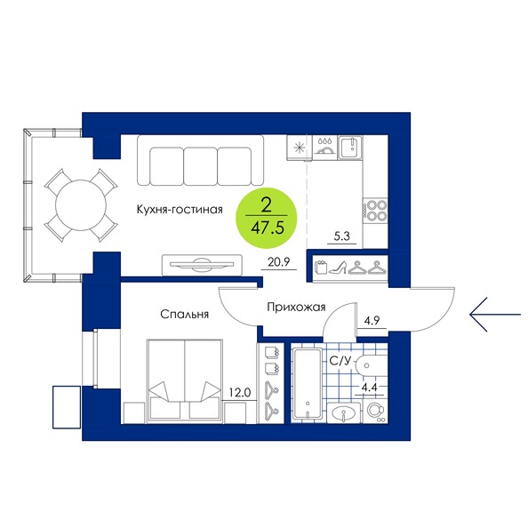 Планировка 2-комн 47,5 м²