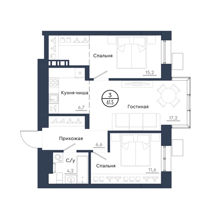 Планировка 3-комн 61,5 м²