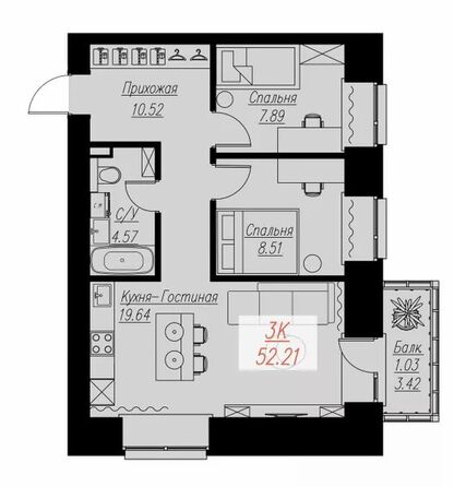 Планировка 2-комн 52,21 м²