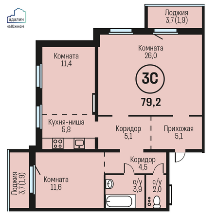 Планировка 3-комн 79,2 м²