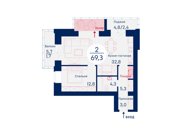 Планировка двухкомнатной квартиры 69,3 кв.м