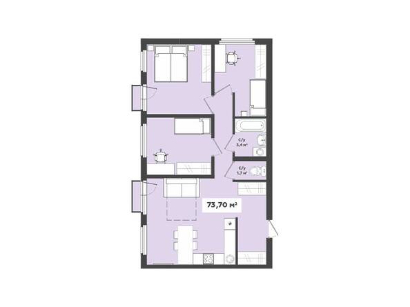 Планировка 4-комнатной квартиры 73,70 кв.м