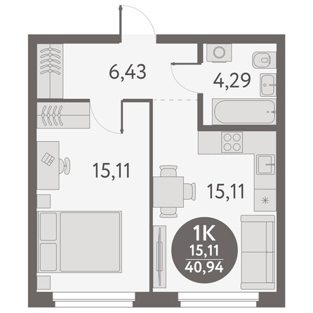 Планировка 1-комн 40,94 м²