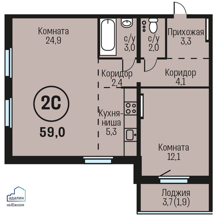 Планировка 2-комн 59 м²