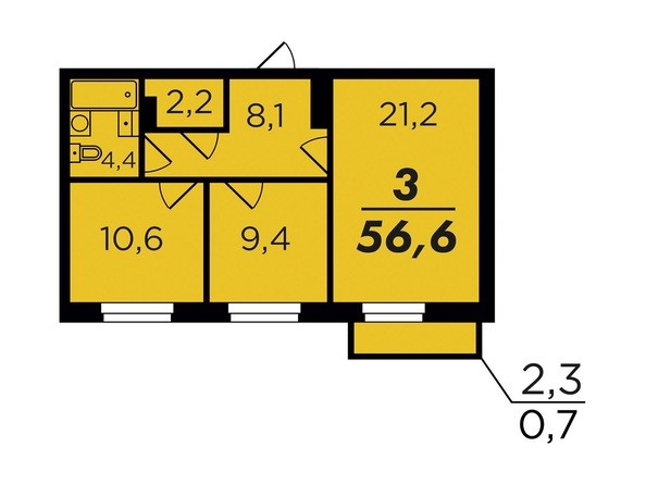 Планировка трехкомнатной квартиры 56,6 кв.м