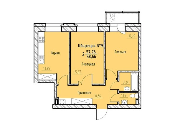 Планировка двухкомнатной квартиры 58,66 кв.м