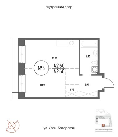 Планировка 1-комн 42,6, 42,61 м²